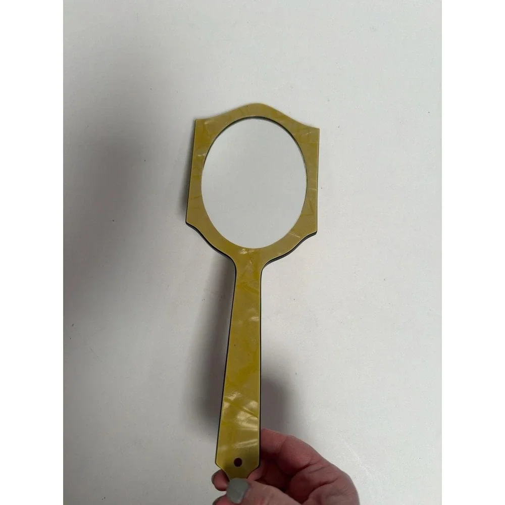 Vintage 1920s Art Deco Yellow‎ Celluloid Hand Mirror with Floral Basket Design